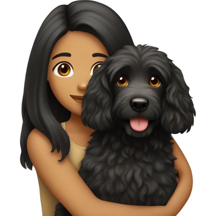 tan girl with long black hair hugging labradoodle emoji