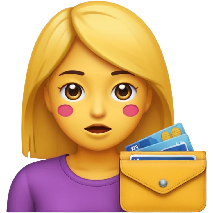 Emoji de chica muy desesperada, llorando, con ojos grandes y lágrimas, sosteniendo una billetera vacía al revés, estilo emoji minimalista, dramatismo exagerado, fondo transparente. emoji