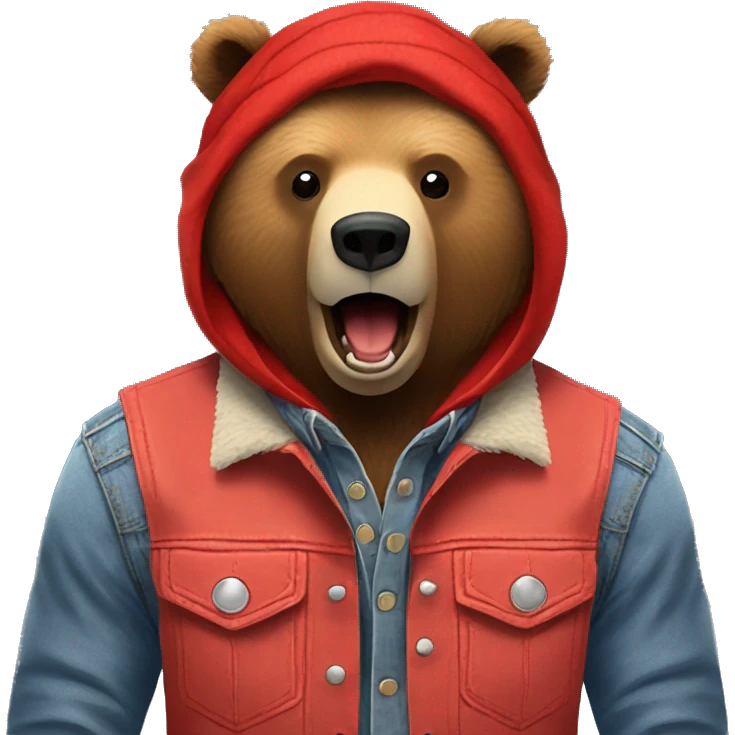 grizzly bear wearing sleeveless jean jacket and red bandana around head with open mouth emoji