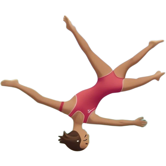 A person mid-air after jumping off a diving board, body slightly tense but moving forward. Below them, a pool labeled "Confidence", with ripples forming. A subtle 5-4-3-2-1 on the diving board shows they took the leap despite fear. emoji