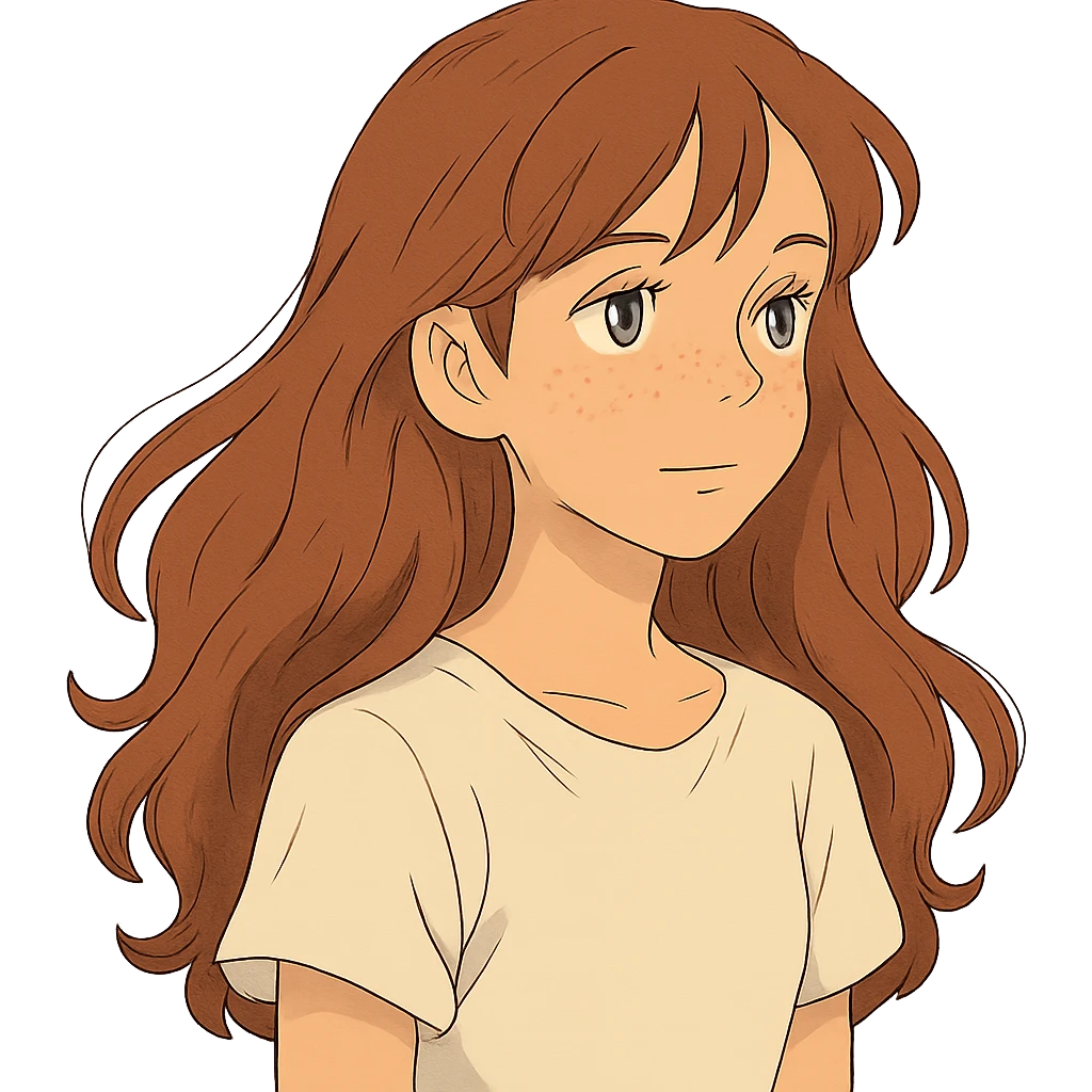 ghibli style adolescent girl with long wavy hair, freckles, long eyelashes, white top, no background emoji
