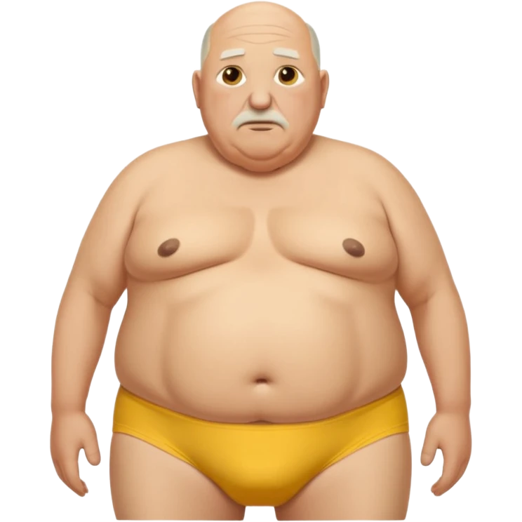 Short bald Old man thick hairy chest completely fat man with saggy boobs no shirt big belly tidy white stretched out elastic  and holes ina yellow in front of his underwear falling down off his hips showing his butt crack no pants   emoji