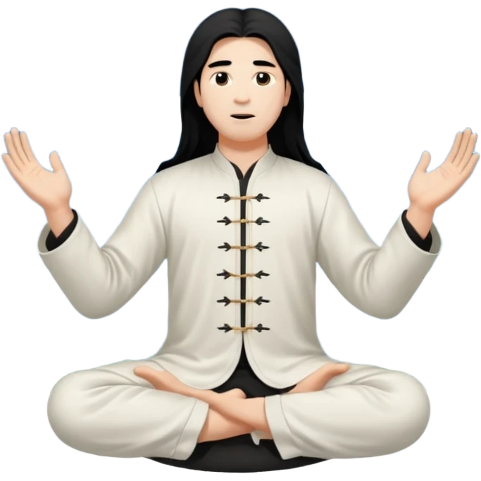 homme au cheveux long qui pratique le qi gong, habits noirs ou blancs,dans la position suivante : le ciel et la terre communiquent emoji