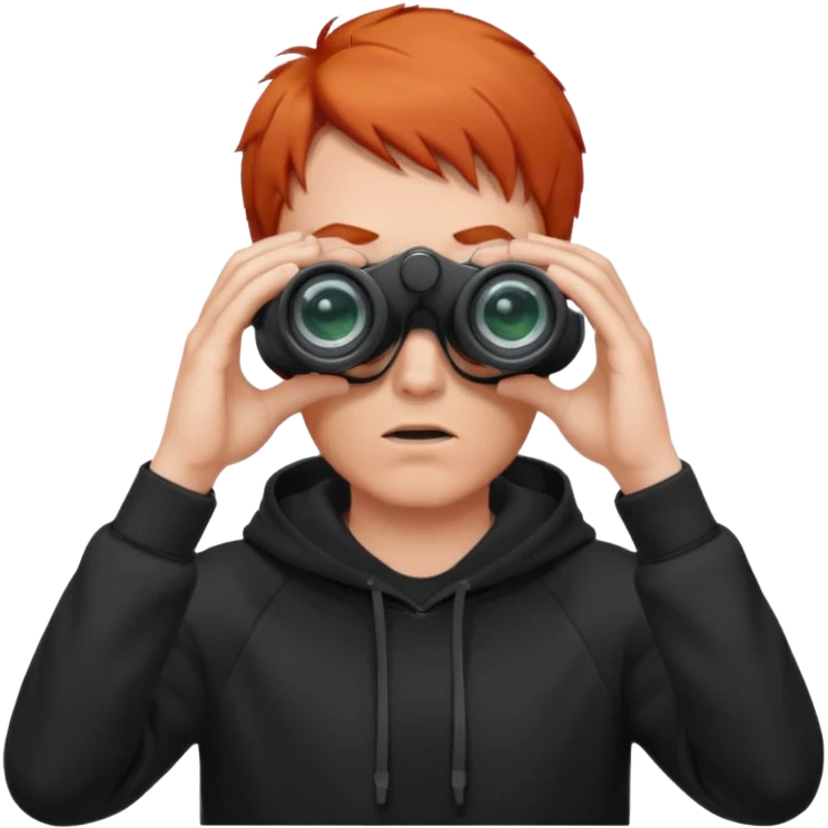 A red-haired, short-haired man without a beard, wearing a black hoodie, looks through binoculars emoji