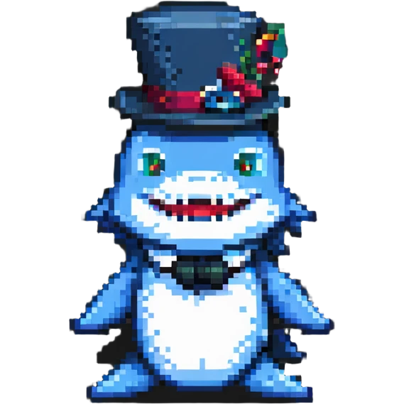 shark with a top hat, pixel art style emoji