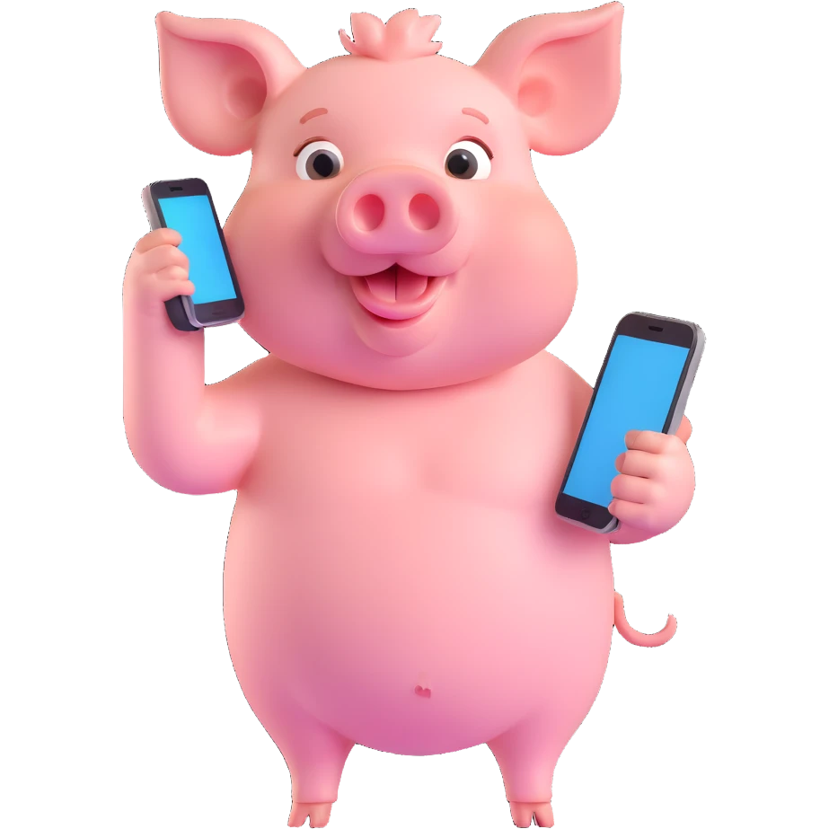 John Pork, pig with a human body, holding a phone, playful expression, 3D emoji style emoji