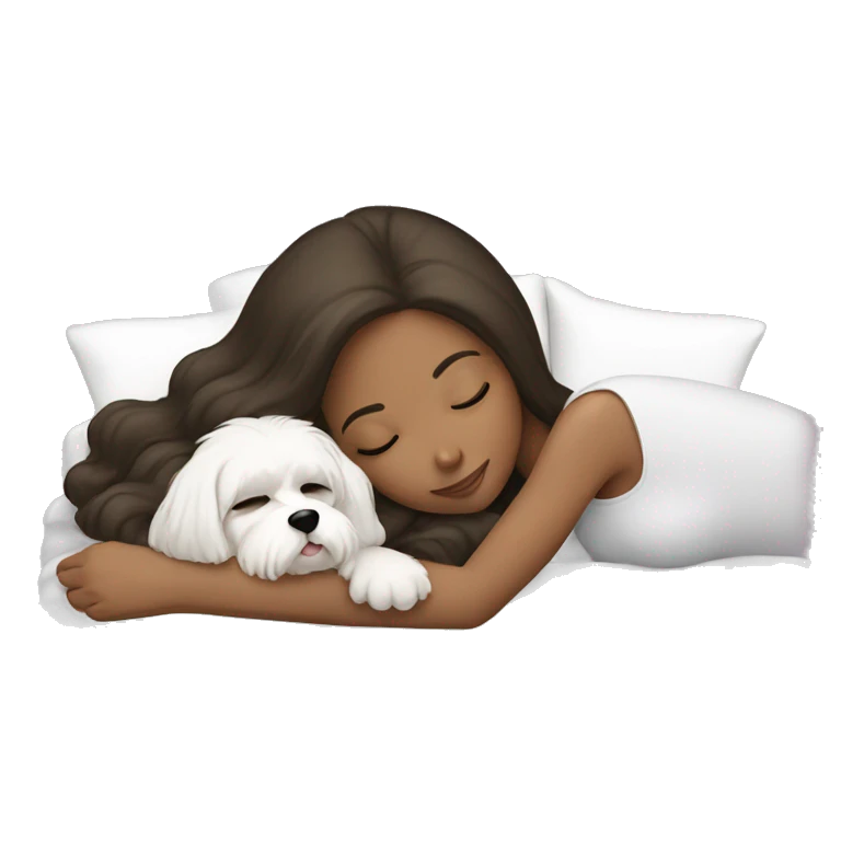 brunette woman sleeping with white maltese emoji
