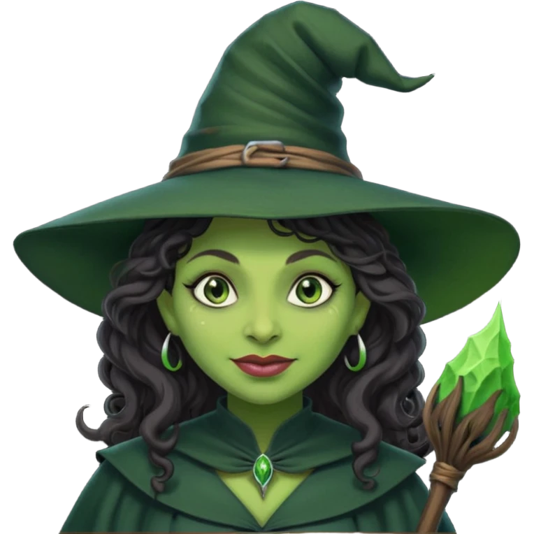 elphaba the wicked witch from wicked movie (cynthia erivo) dark long curly hair, thick lips, wide nose, green skins, witch hat, witch broom, evil, wicked musical film, evil smirk emoji