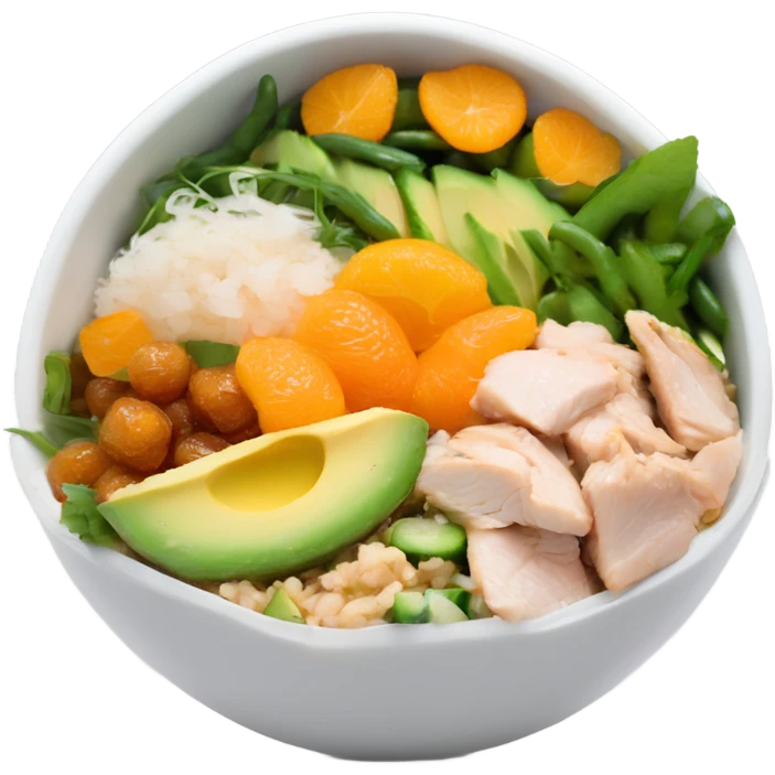 Poke bowl with chicken, cut avocados, mandarins, cucumbers and green beans; side view emoji