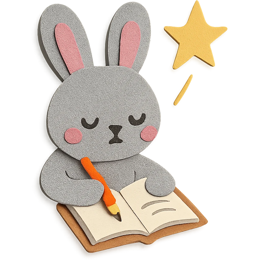 gray bunny writing in notebook with spark of light, paper-craft style emoji