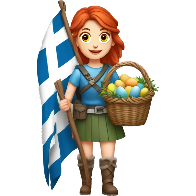 red hair female winter mountaineer offering Easter basket and Greek flag emoji