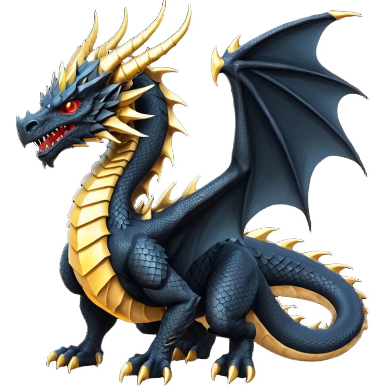 Massive ancient black dragon with obsidian scales, scarred powerful wings, glowing gold eyes, long curved horns, spiked neck ridges, and a brutal morningstar tail. Intimidating, muscular, regal presence. emoji