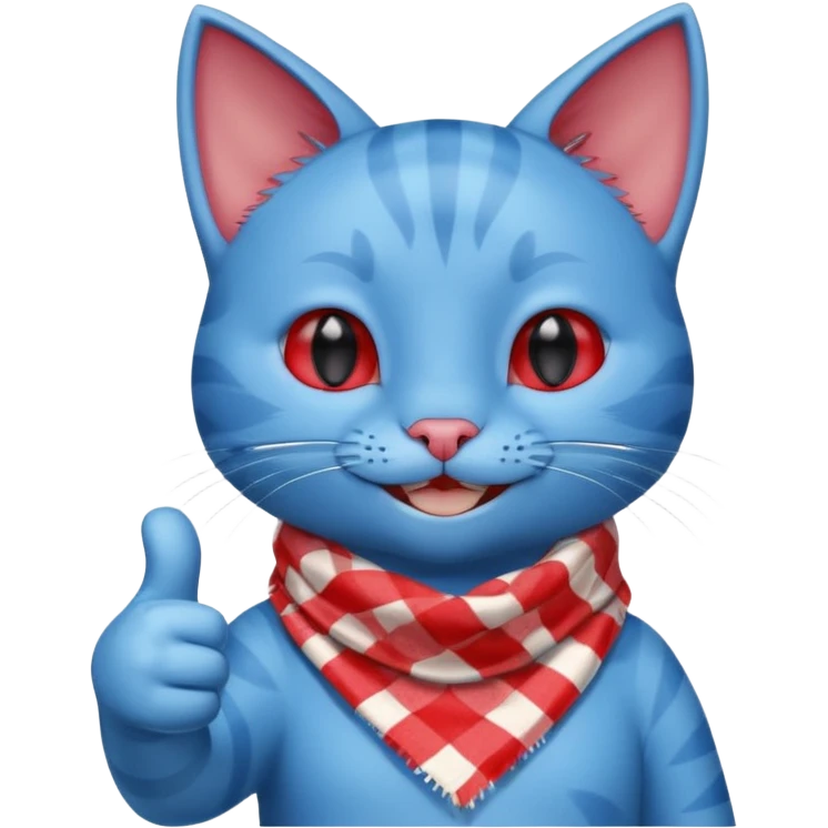 A Cute Blue Cat smiling and giving thumbs up, wearing red Checkered Triangle scarf emoji