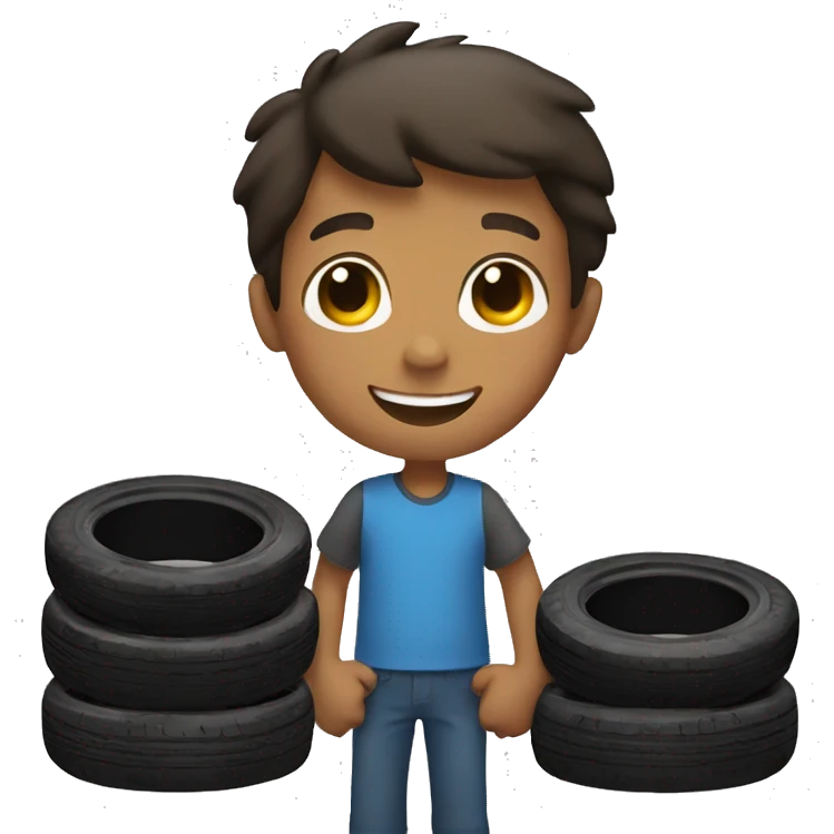 smiling boy holding tires emoji