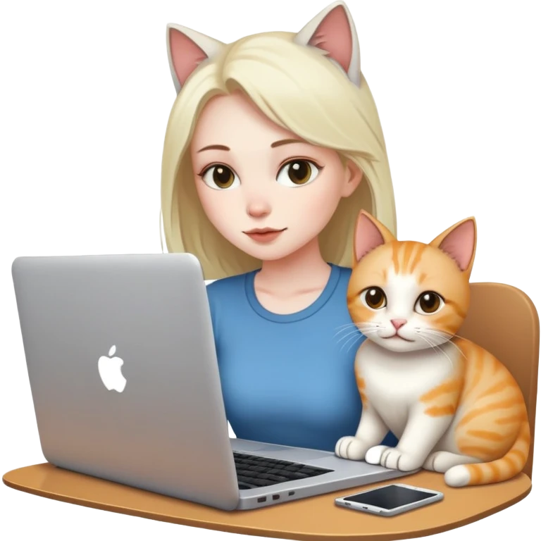 A girl is working on a laptop with a cat lying next to it emoji