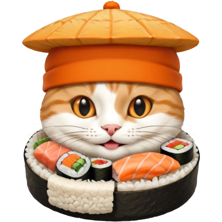 happy cat wearing a hat made out of sushi emoji