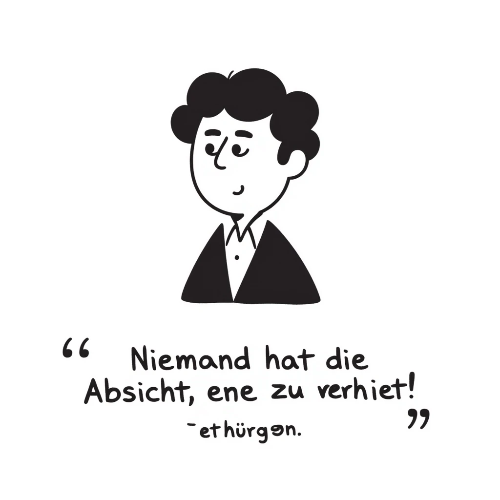 hand-drawn doodle style portrait of Walter Ulbricht with the German quote: "Niemand hat die Absicht, eine Mauer zu errichten!" emoji