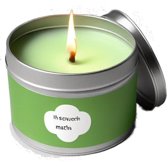 minimal matcha scented lit candle in small silver tin with realistic label emoji
