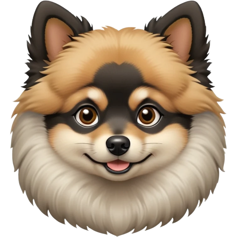fluffy black and tan Pomeranian dog face, large round dark eyes, small black button nose, soft tan muzzle with subtle smile, two tan eyebrow spots, curious and alert expression, thick fluffy ruff of fur blending black, tan, and light gray, upright triangular ears with gray tips, friendly and cute emoji