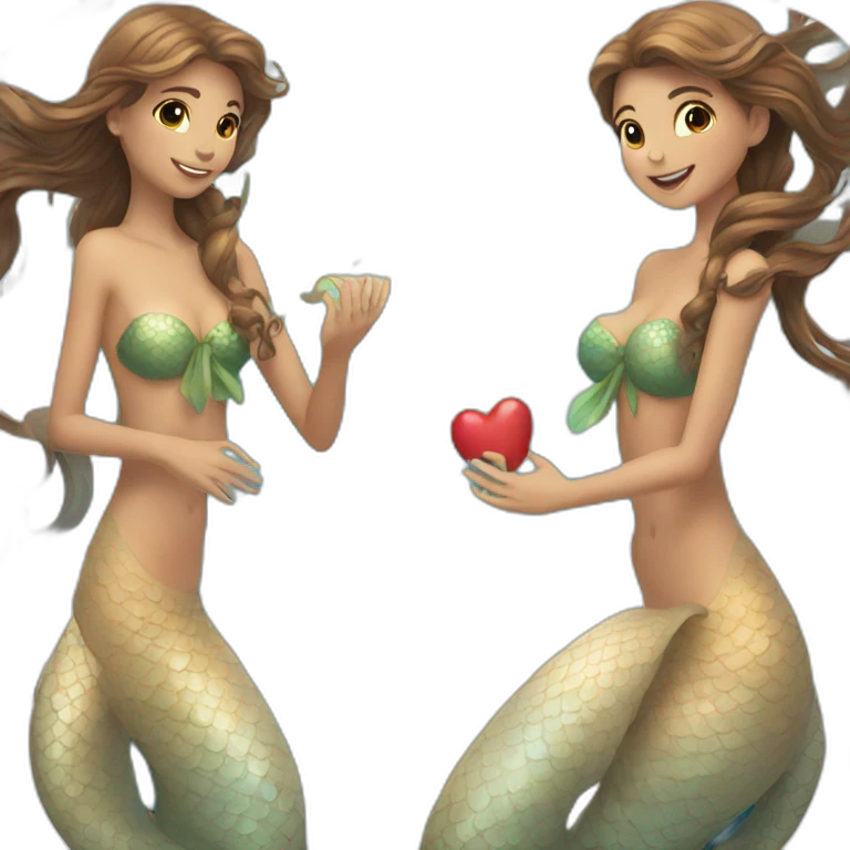 Two brown haired mermaids with their tails making a heart emoji