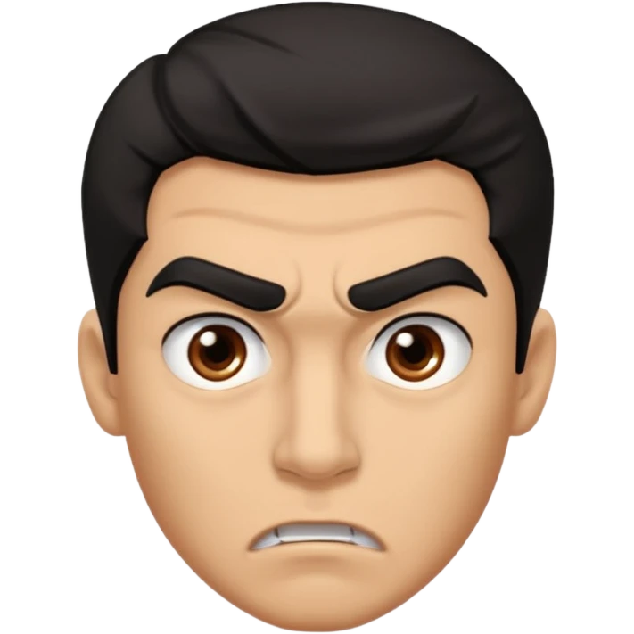 emoji de un joven, con cejas gruesas que parece enojado, nariz medio grande, hombros anchos, sin sonrisa, hombros anchos, cabello medio ondulado con un corte juvenil, cabello negro. ojos negros. emoji