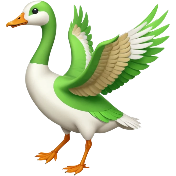 Emoji of a running goose with a very long neck and two legs. Use 🪿 shape but color it bright green (#39C700). The wings should be folded close to the body, not flapping. The legs should be clearly in a running motion, showing dynamic movement, not static. emoji