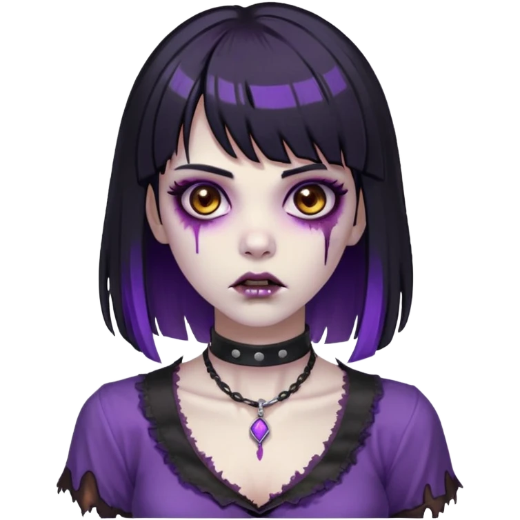 zombie with black hair long and bangs and purple highlights brown eyes and a choker around her neck and a black blouse emoji