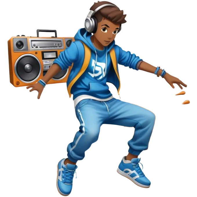Icon for Street Dance: a dancer in urban streetwear performing a dynamic breakdance move, with a spray-painted background,  boombox  and headphones. The icon should represent the energy, style, and creativity of street dance culture. Transparent background. emoji