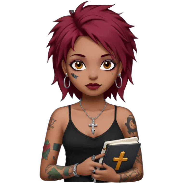 generate an ios genmoji of a girl with dark red messy hair with eyeliner on her eyes.  septum piercing, wearing a cami black top, has tattoos, on shoulders. ear piercings. wearing a cross silver necklace. Holding an overfilled sketchbook. dusky skin color. Holding redbull in the other hand emoji