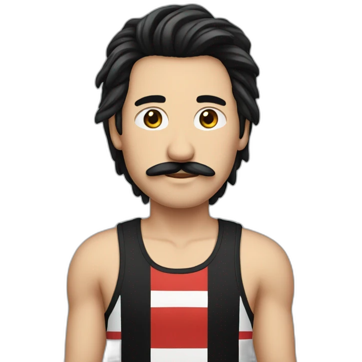 male with long black hair, moustache and striped black and red tank top emoji