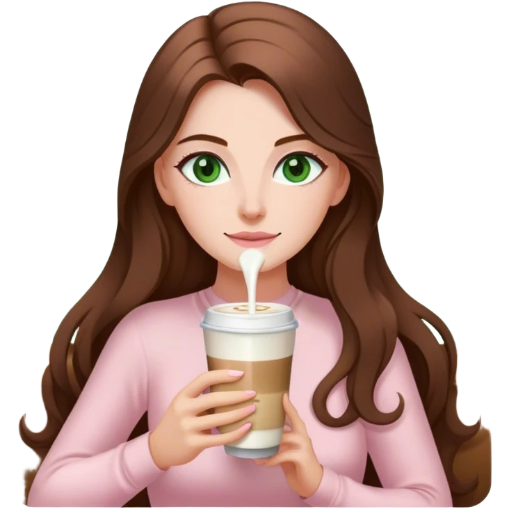 pretty woman with very long brown hair and green eyes and light pink outfit drinking a latte emoji