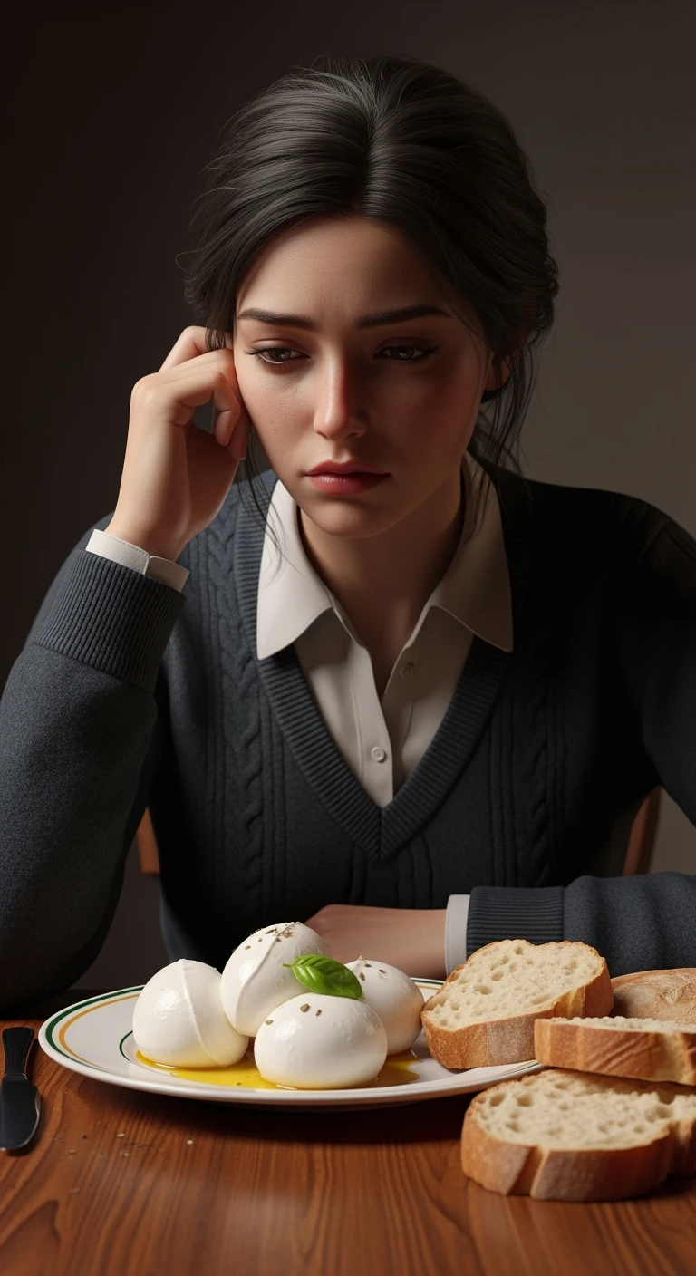 donna con espressione triste davanti ad un piatto di cibo con mozzarella e pane, iperrealistico 4k emoji