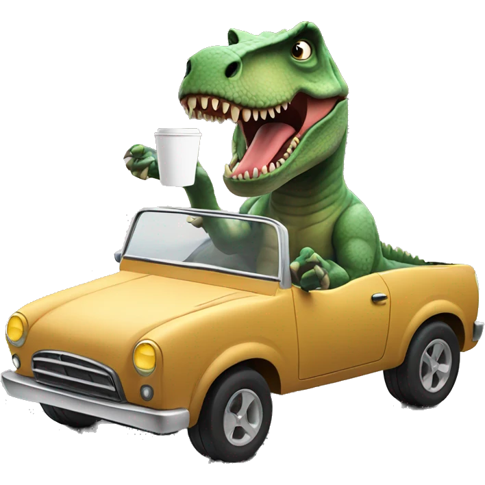 T-Rex in a car holding a coffee emoji