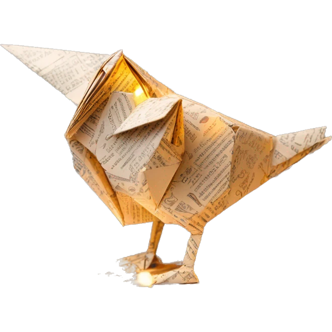 Sparkling patterned Beige Origami bird made of newspapers intricate patterns surrounded by fairy lights emoji