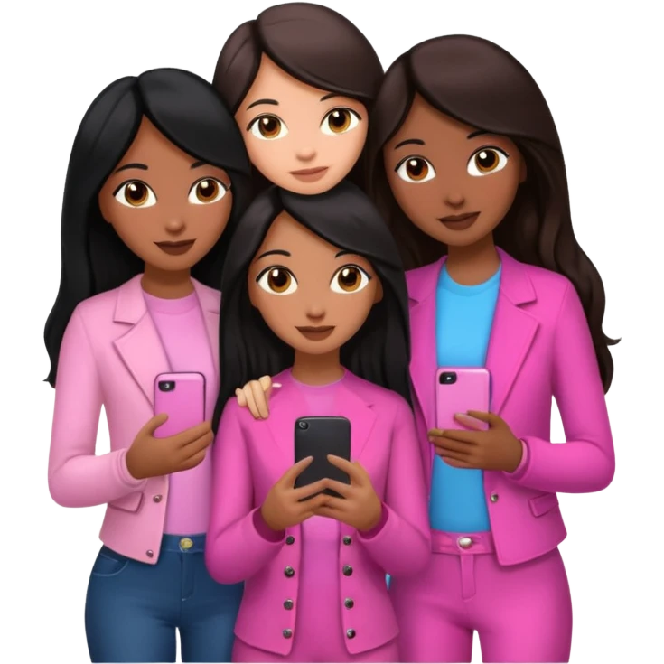 3 brown girl friends with a phone on their hand, one with black long hair light skin,  one with brown hair long and the other one with black with brown medium length hair . Wearing pink glammed up and hugging  emoji