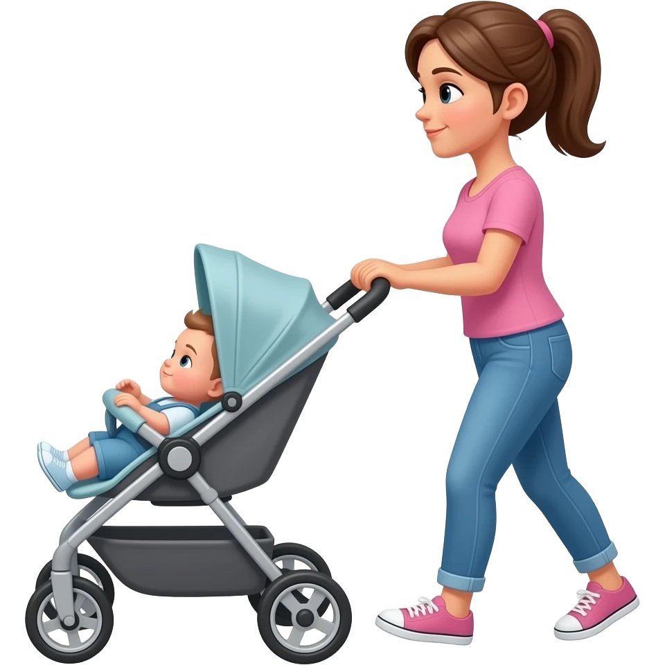 A simple iPhone emoji-style icon of a mom pushing a baby stroller. side profile, cantered emoji