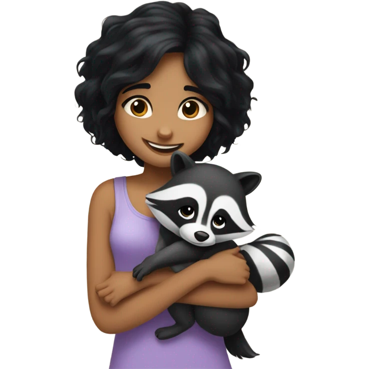the girl with black hair and pretty smile hug a racoon emoji