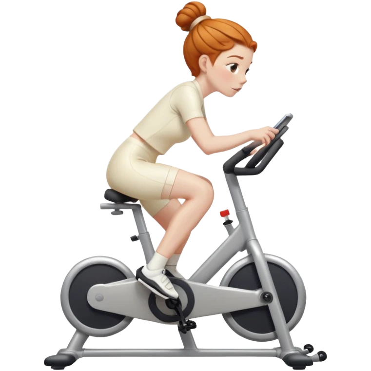 Ginger girl shiny middle part low bun riding stationary bike cream outfit emoji