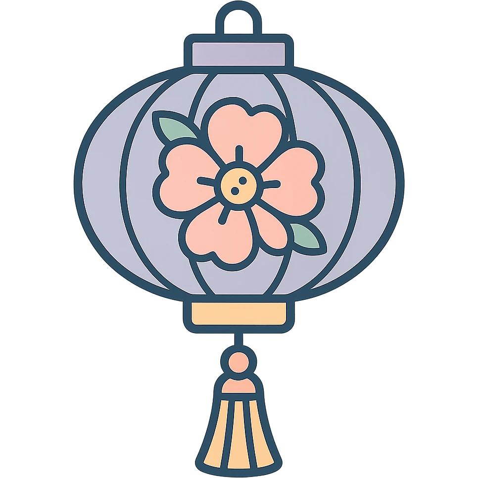 elegant Chinese lantern with floral decor, detailed shadow, thin clean outlines, soft rounded shapes, pastel palette #98B5BC, #B5B3C1, #C9A3C9, #E4C0CA, #F7DCD1, #F7C0AA, modern Japanese pop-art and sticker aesthetic, high detail, vector clarity, soft lighting, transparent background emoji