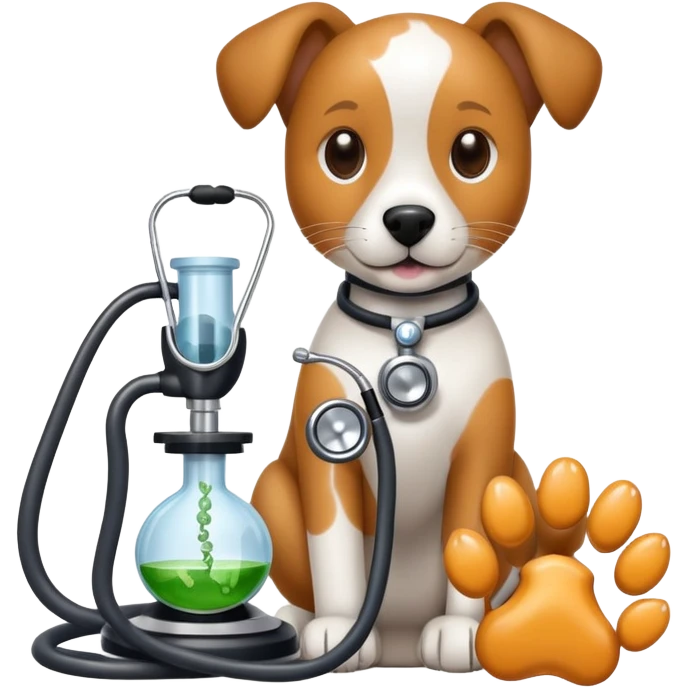 An icon featuring a stethoscope, a microscope, and an animal paw print, symbolizing veterinary science. The design includes a dog and a cat in the background, representing animal health research, diagnostics, and treatments. Transparent background highlights the scientific study of animal care. emoji