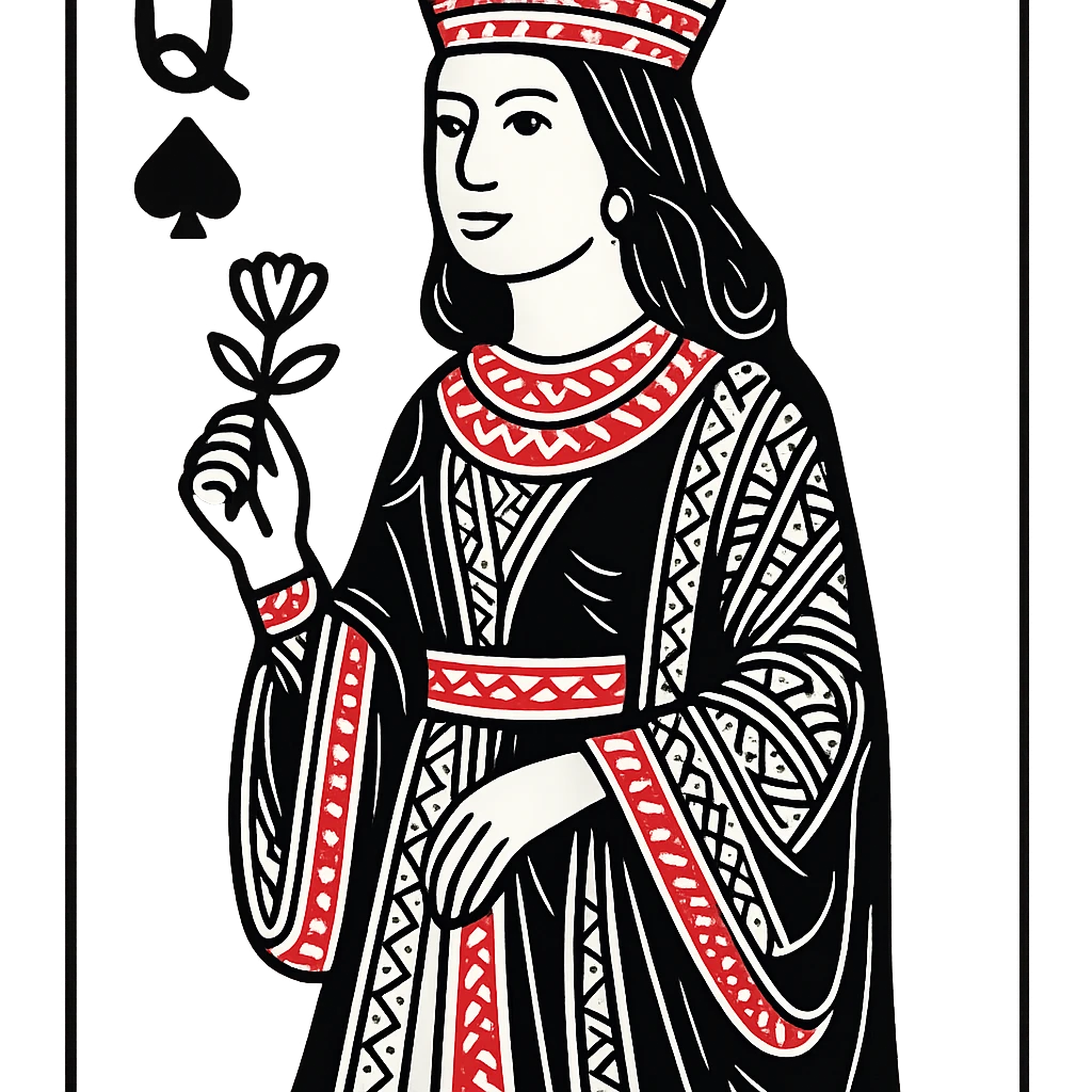 An elegant queen playing card character with detailed crown and flowing robes, holding a flower in her hand emoji