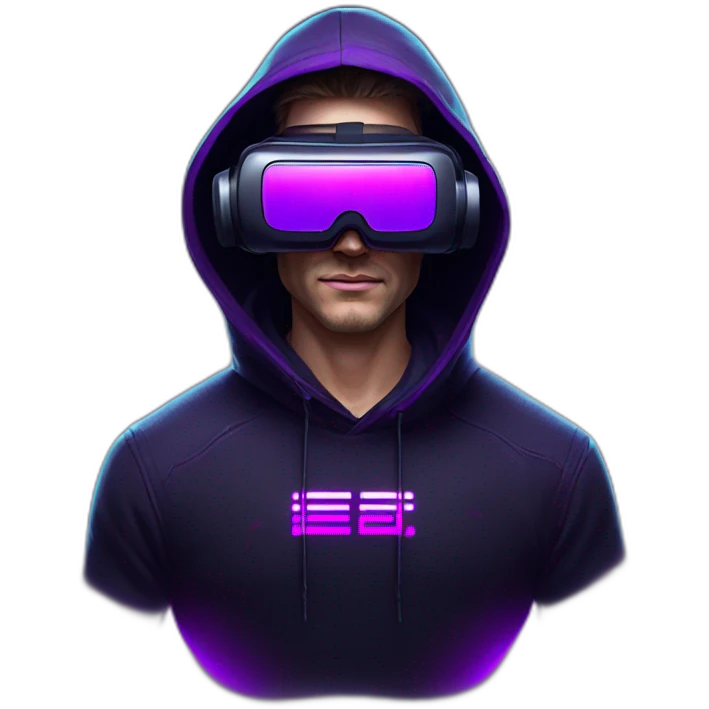 Russian man in the black hoody with violet letters "OMG VR" on it wearing vr headset. Cyberpunk style. Violet neon. emoji