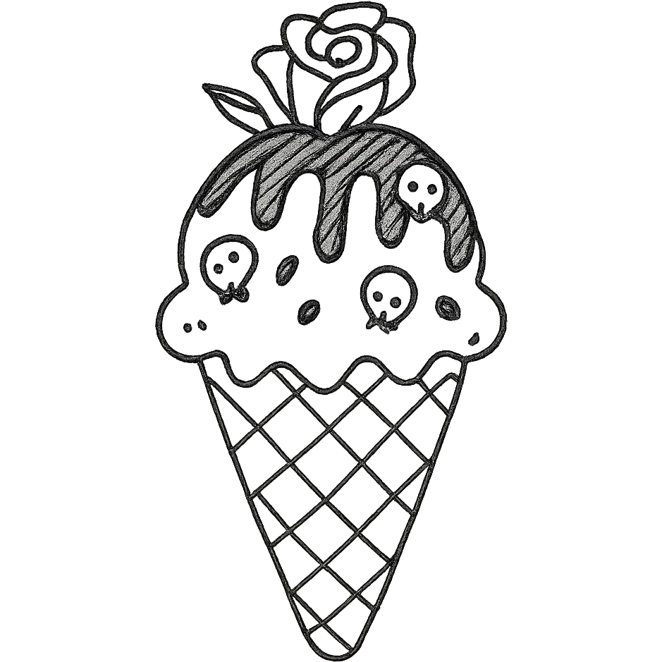 Gothic ice cream with black chocolate drizzle, tiny skull sprinkles, and a dark rose on top, no background, in a hand drawn style. emoji