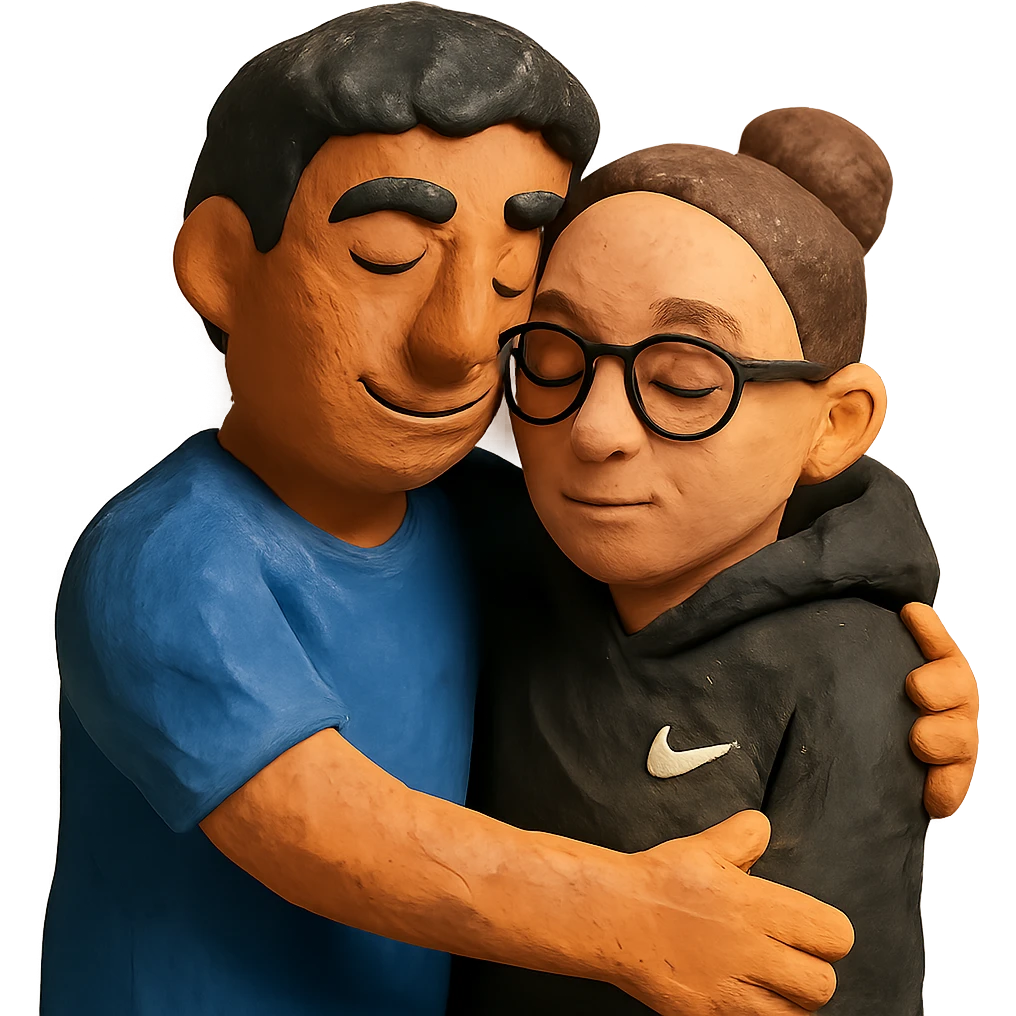 hispanic man with black hair hugging a light-skinned woman in a black Nike hoodie, woman has one bun in the back and thin black glasses emoji
