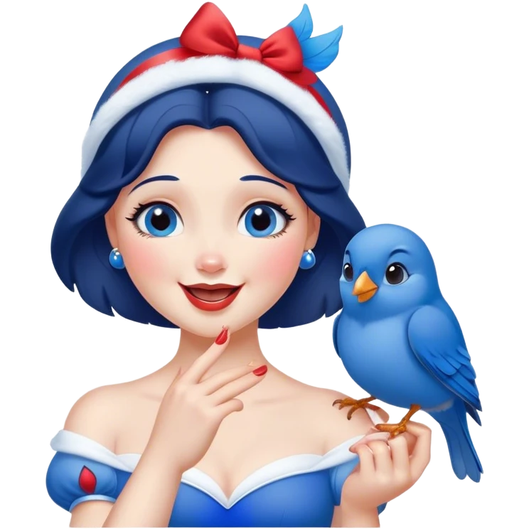 Cinematic Adorable Snow White Portrait Emoji, Giggling as a bluebird perches on her finger, cheeks rosy with joy, bright expressive eyes full of wonder, her innocence and beauty blending into a heartwarming moment! emoji