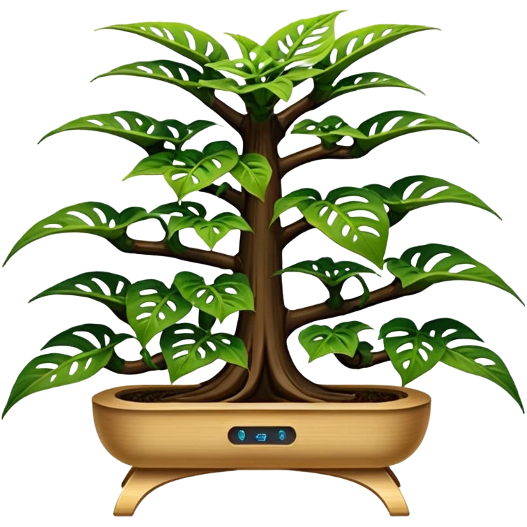 Very Large decorative alien-futuristic multi-tier space-efficient plant rack, which holds bonsai pepper plants, constructed from plywood emoji
