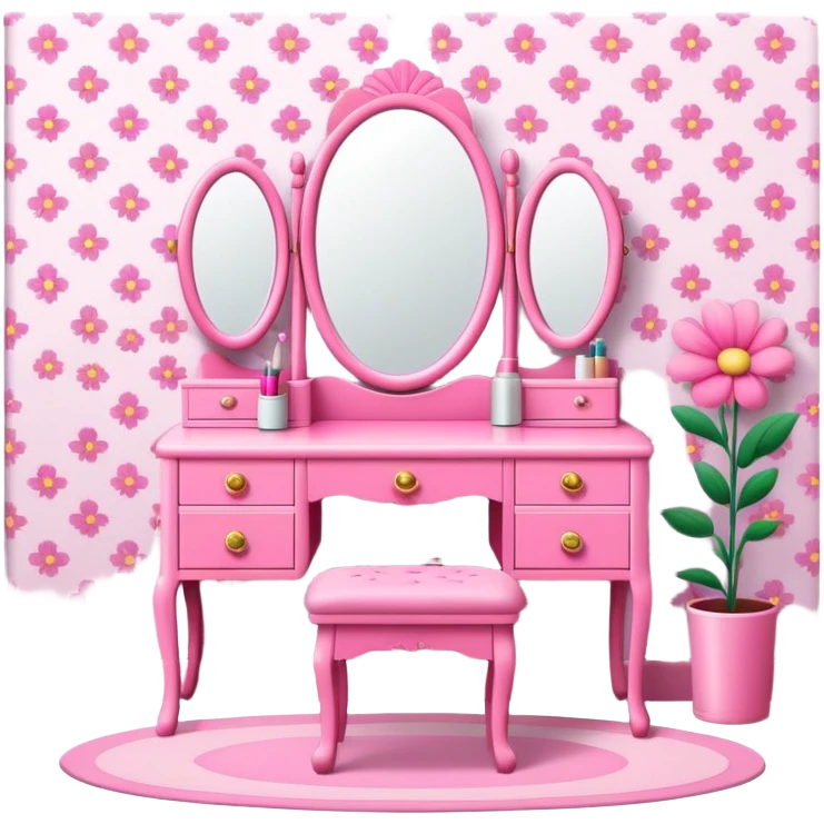 Pink bedroom with a flower wallpaper and a 90s vanity  emoji