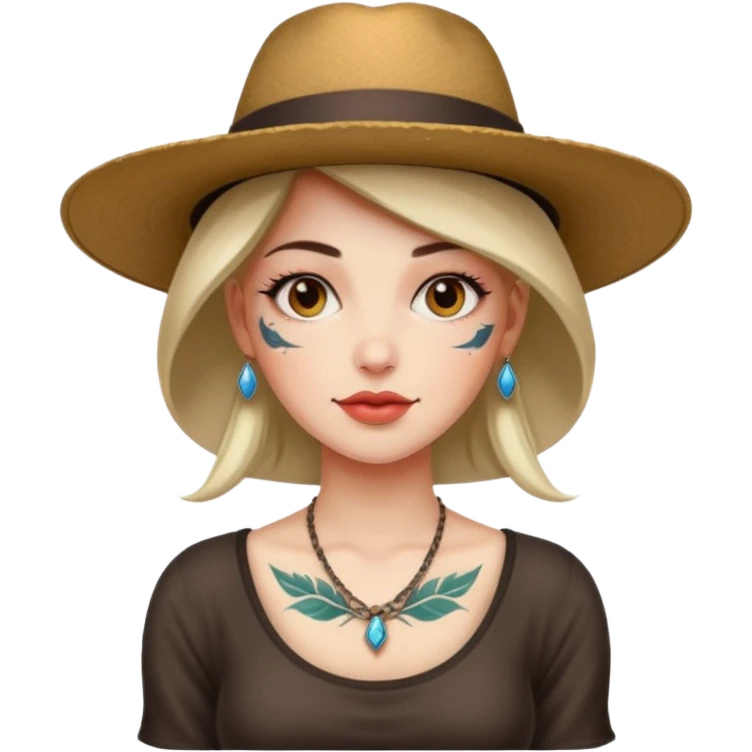 Woman with sleeve tattoos and wide-brim hat emoji