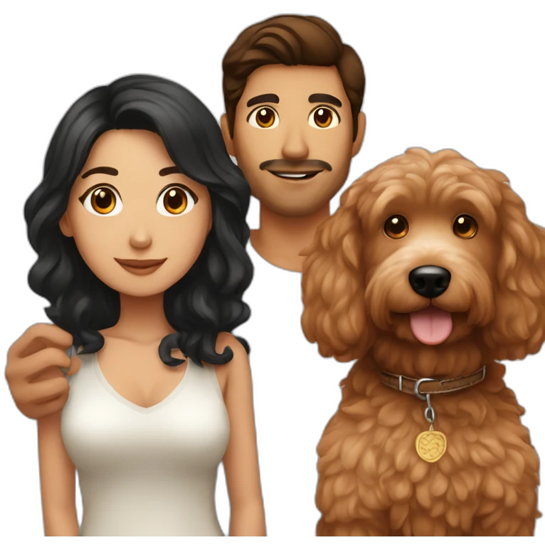 Mexican guy with brown hair and asian girl with long black hair holding red goldendoodle emoji