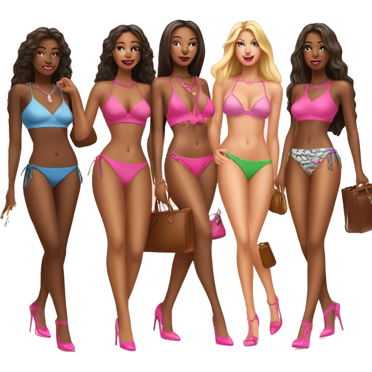 4 women friends in bikinis with pink heels and birkin bags and hot faces emoji
